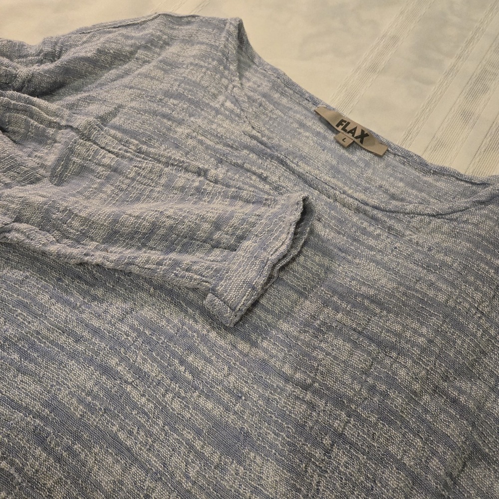 FLAX Linen Top Womens Large L Periwinkle Blue 3/4 Sleeve Shirt Coastal Boho
